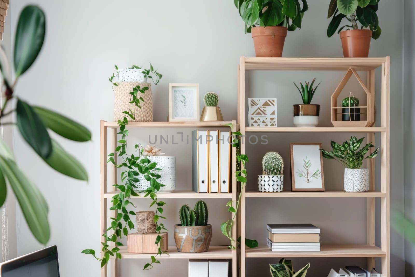 Minimalist workspace with a geometric bookshelf and potted plants. by Chawagen