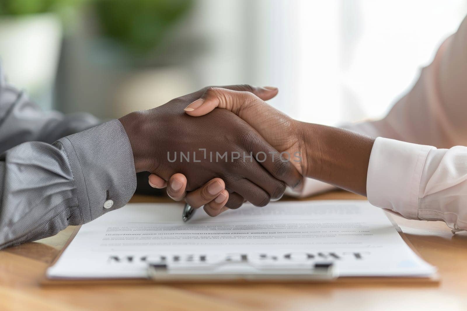 Two business partners, Asian and African American, sit a table signing a contract with a handshake. by Chawagen
