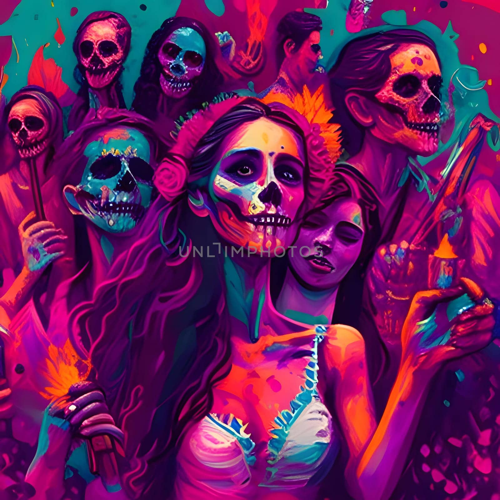 Dark images of people wearing skull skeleton masks on a colorful pink background. For the day of the dead and Halloween. Atmosphere of death and solemnity.