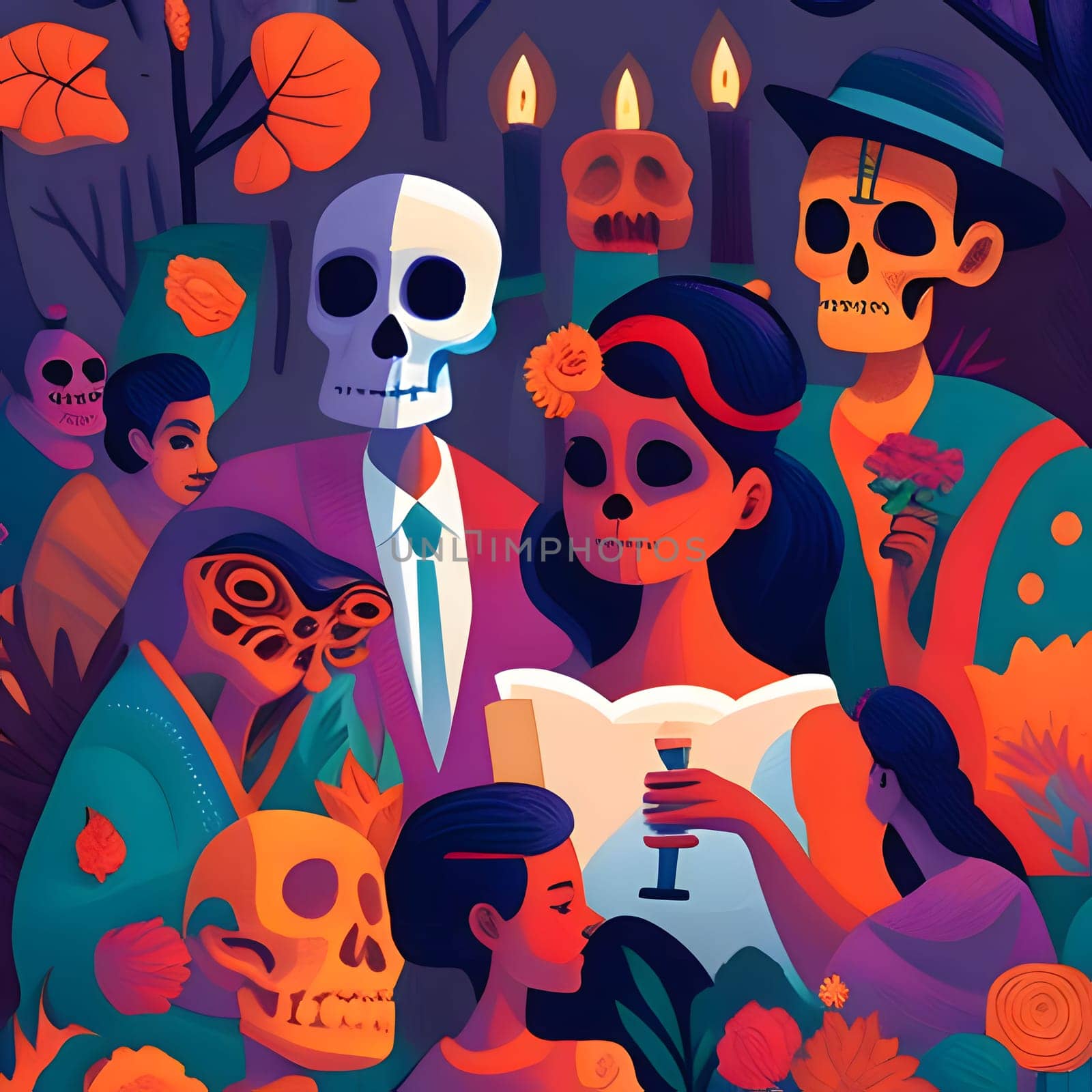 Painted abstract images of people and living skeletons of corpses on a colorful composition. For the day of the dead and Halloween. Atmosphere of death and solemnity.