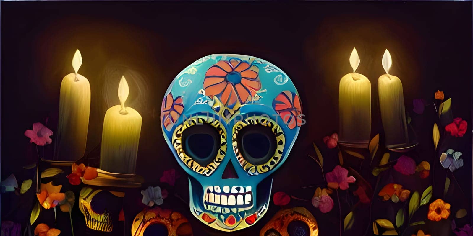 Small human colored skull around flower decorations and four candles. For the day of the dead and Halloween. by ThemesS