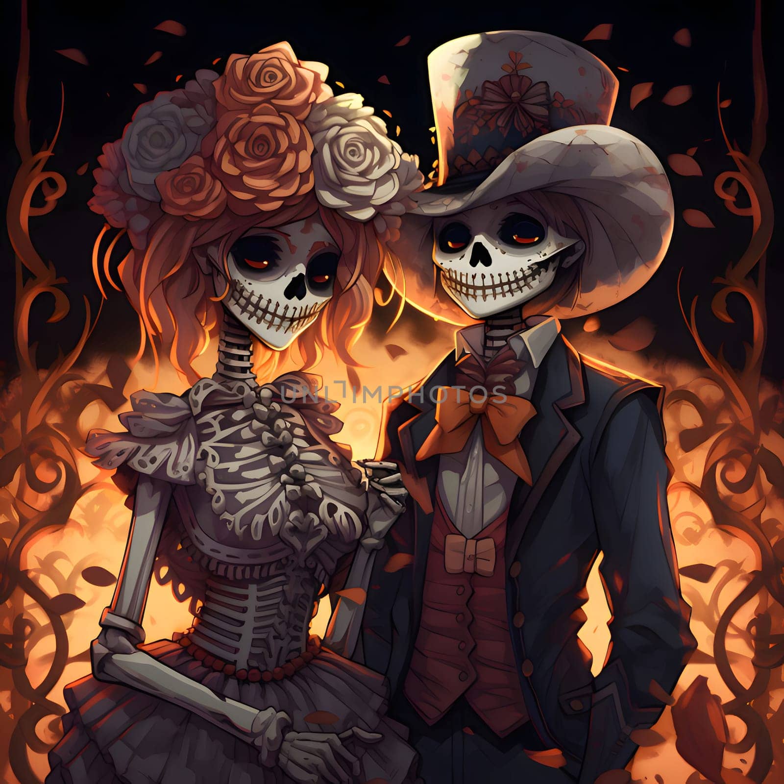 Two elegantly dressed skeletons. For the day of the dead and Halloween. Atmosphere of death and solemnity.