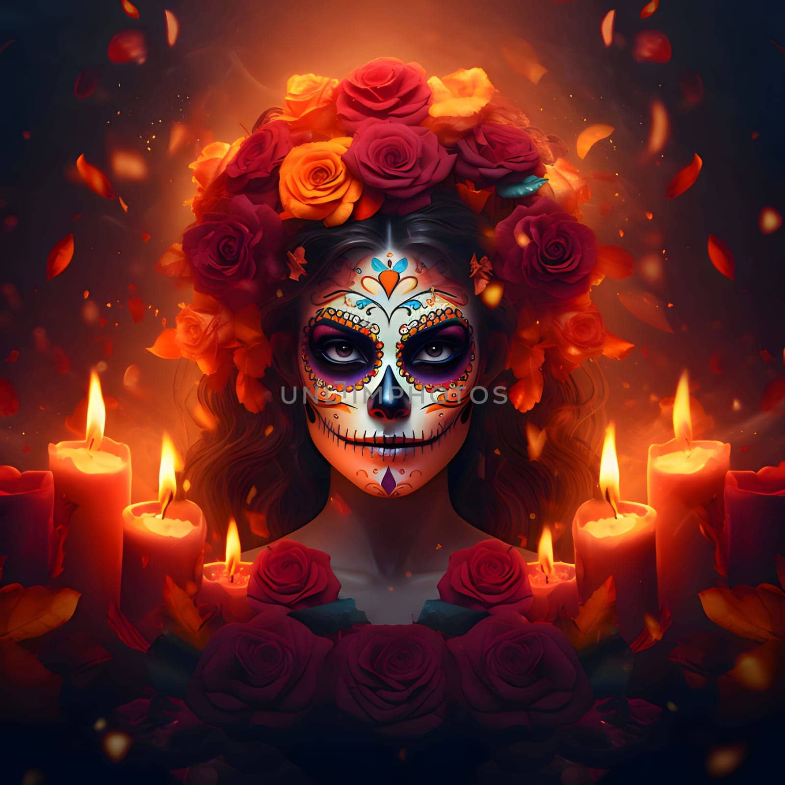 Dark painted face of a woman with sewn lips, head decorated with colorful roses, candles all around For the day of the dead and Halloween. Atmosphere of death and solemnity.