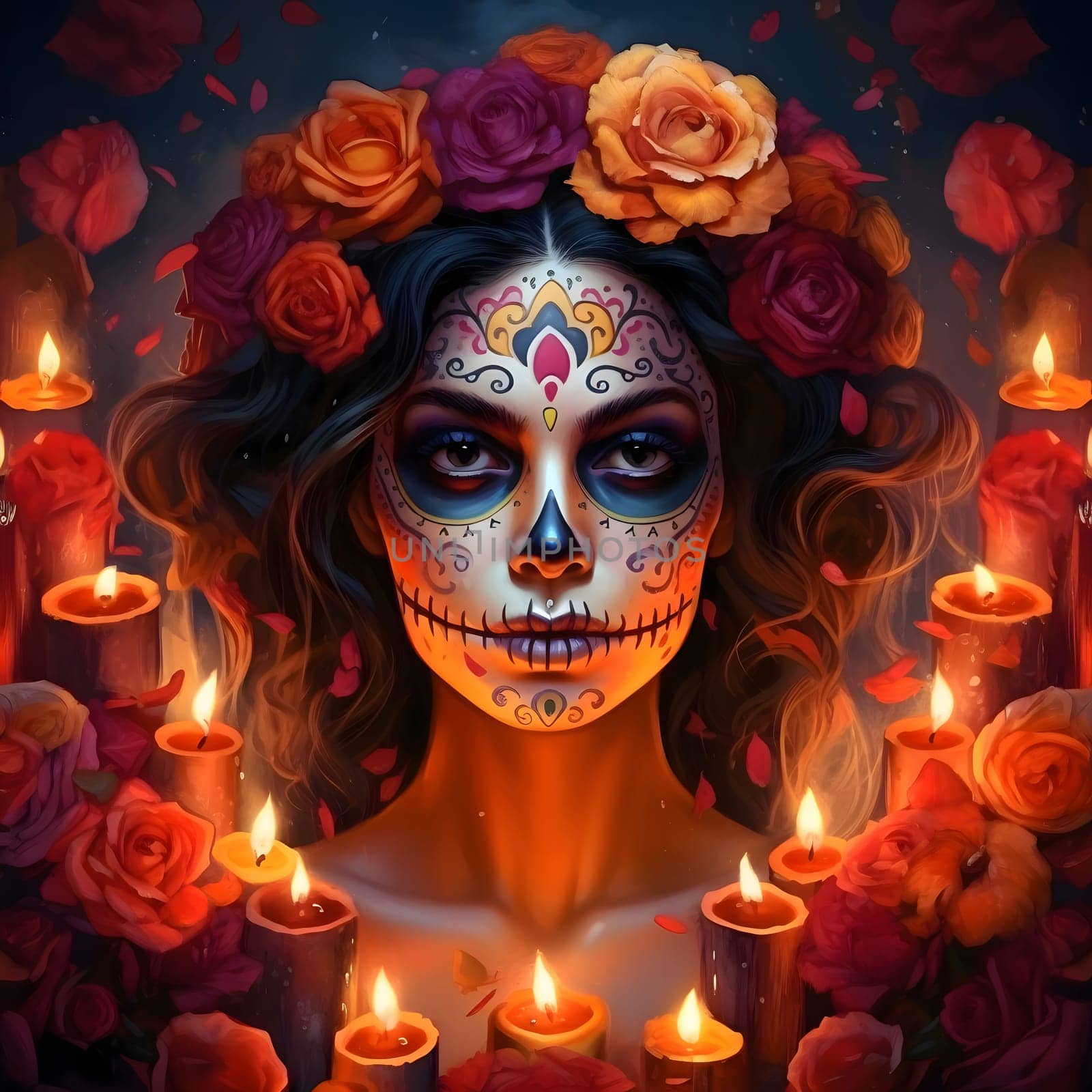 Dark painted face of a woman with sewn lips, head decorated with colorful roses, candles all around For the day of the dead and Halloween. Atmosphere of death and solemnity.