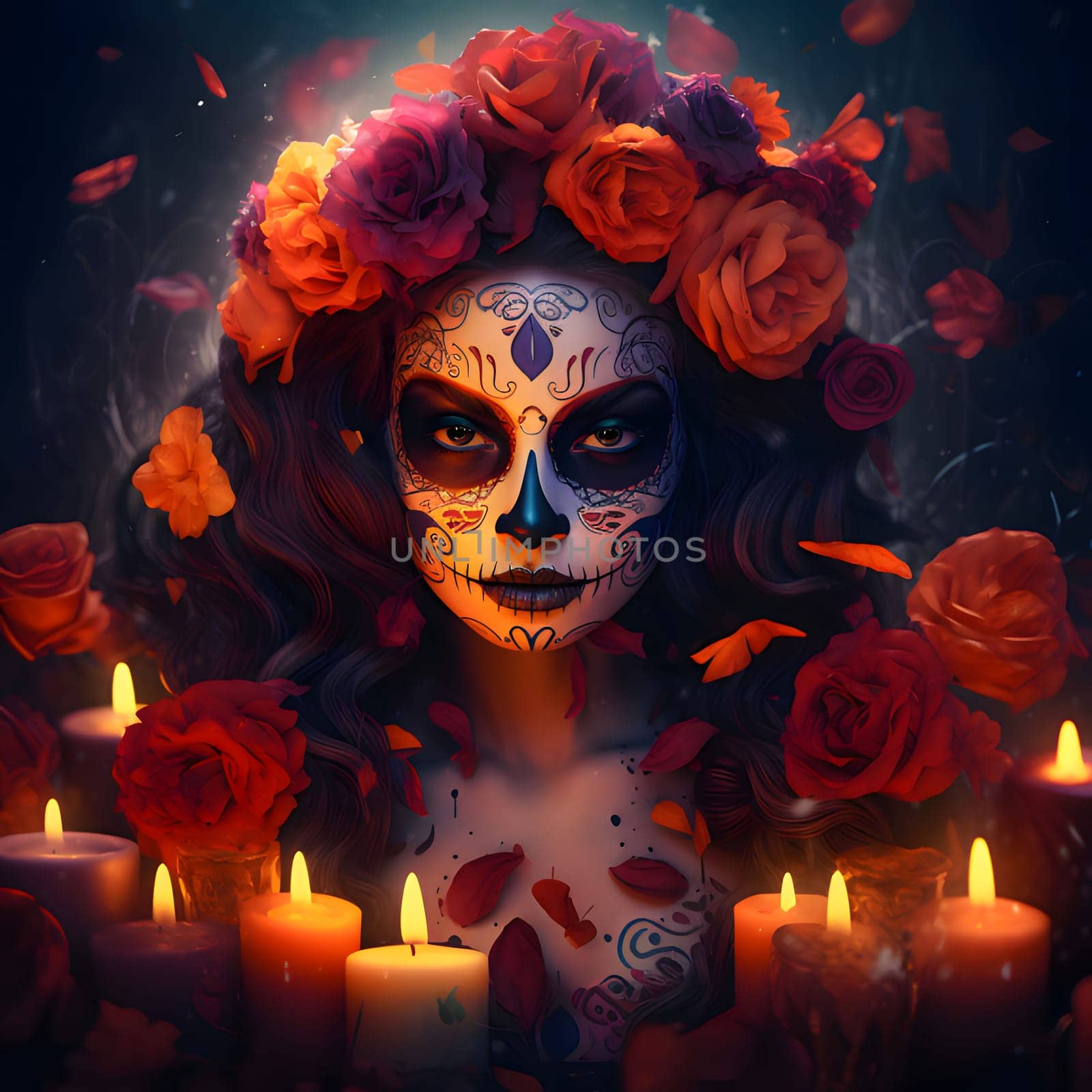 Dark painted face of a woman with sewn lips, head decorated with colorful roses, candles all around For the day of the dead and Halloween. Atmosphere of death and solemnity.