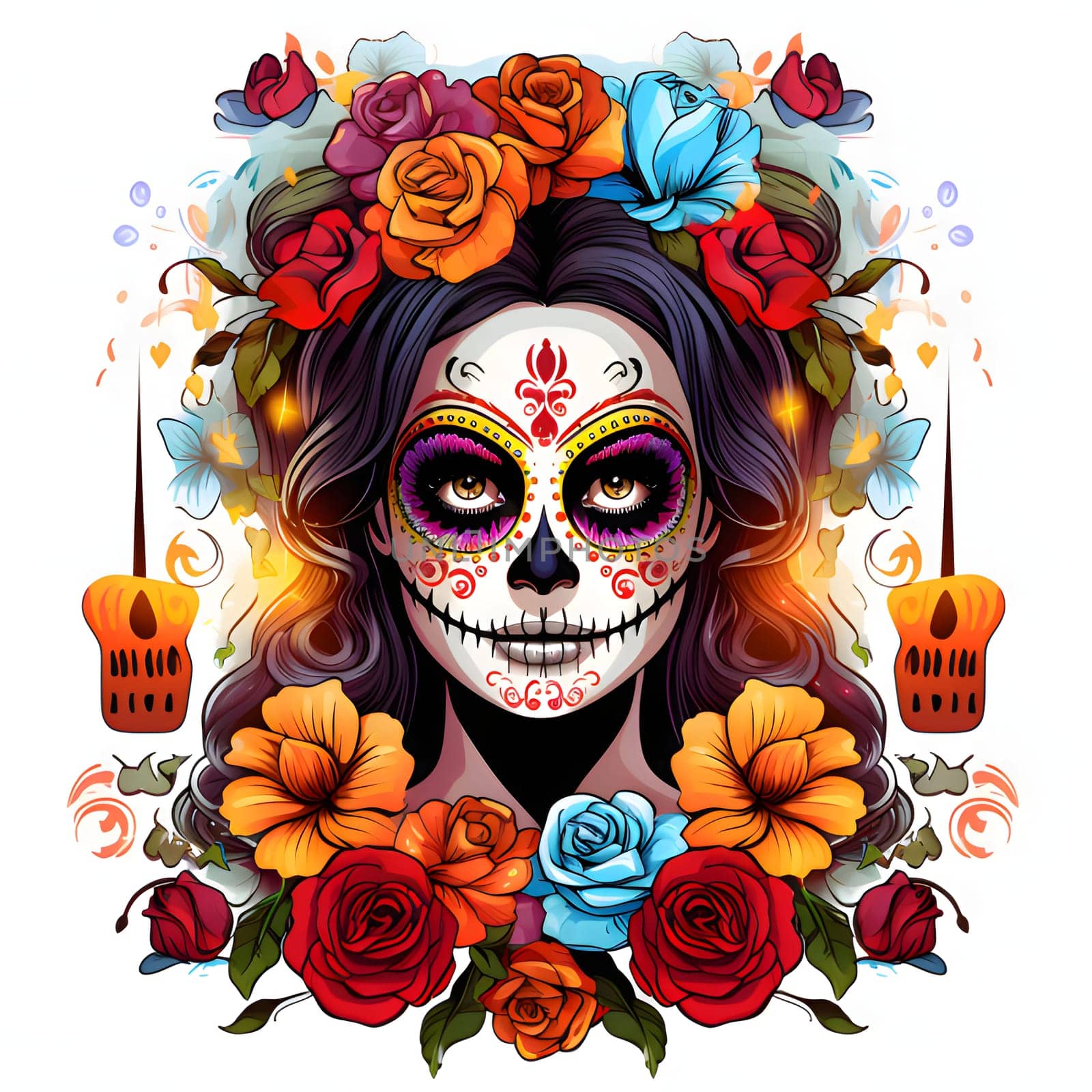 Dark painted face of a woman with sewn lips, head decorated with colorful roses. For the day of the dead and Halloween, white isolated background. by ThemesS