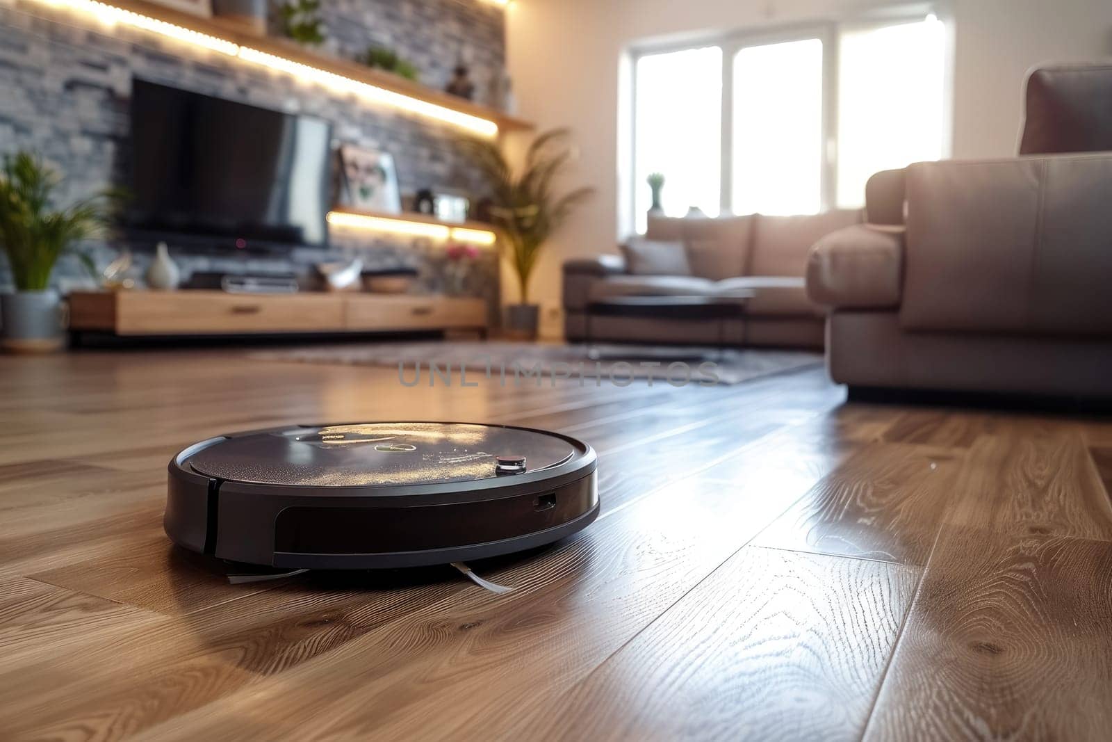 A robot vacuum cleaner navigates a clean living room floor. by Chawagen