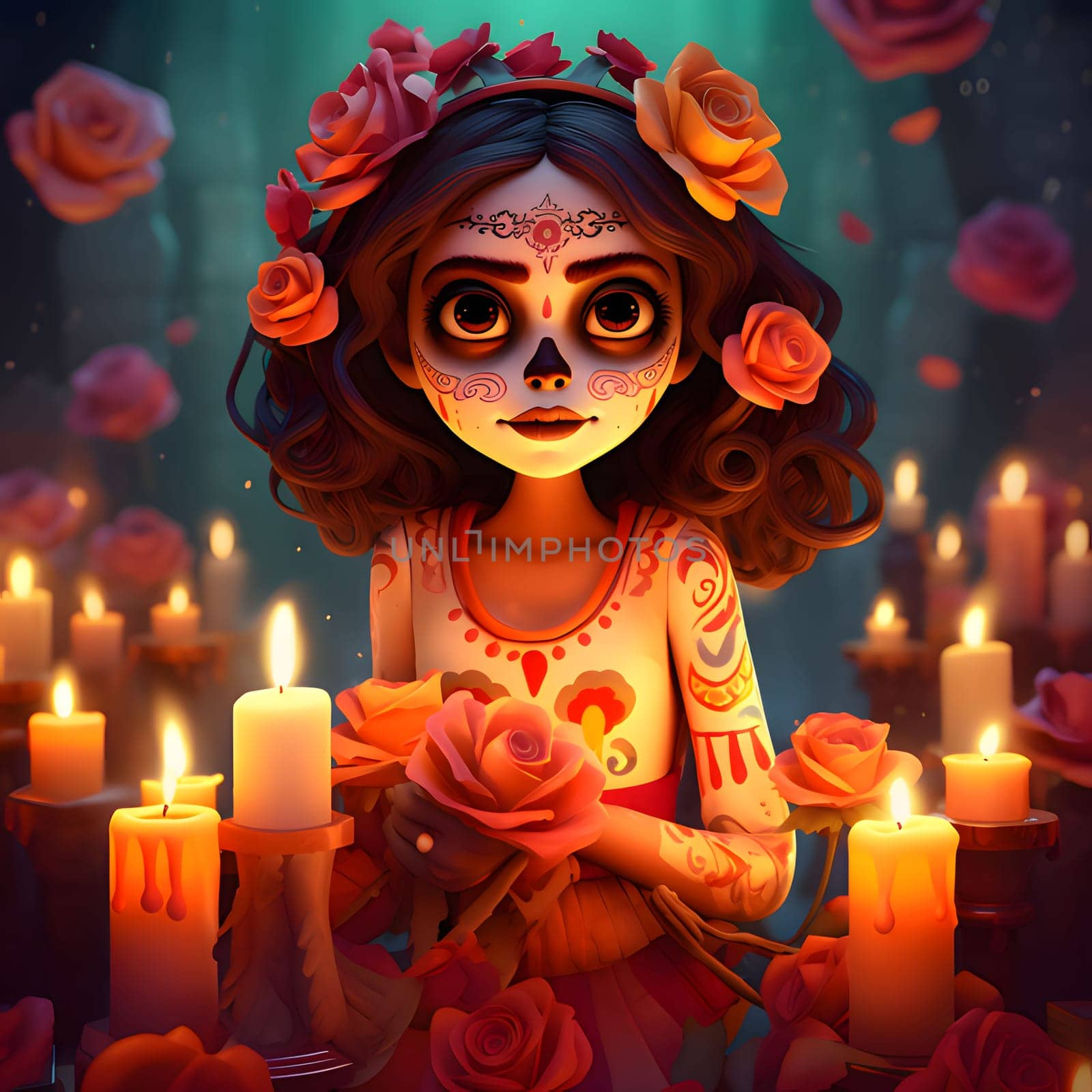 A girl with a painted face, hair decorated with roses cradling flowers in her hand around candles, fairy composition. For the day of the dead and Halloween. Atmosphere of death and solemnity.