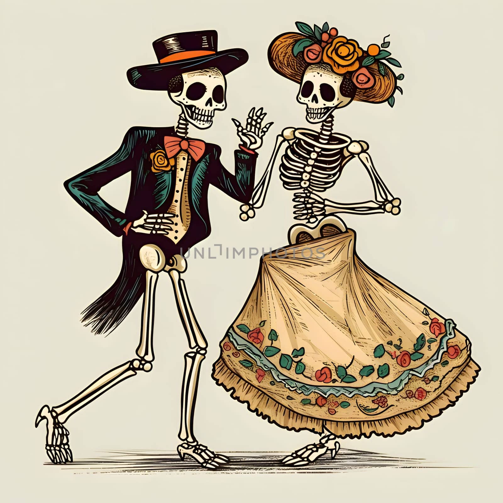 Two elegantly dressed dancing skeletons male in suit, female in dress. For the day of the dead and halloween, bright isolated background. by ThemesS