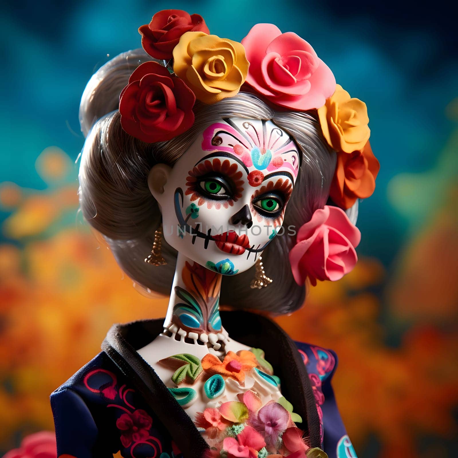 Woman with decorated painted face, elegant party outfit, roses flowers in hair, blurred background. For the day of the dead and Halloween. Atmosphere of death and solemnity.