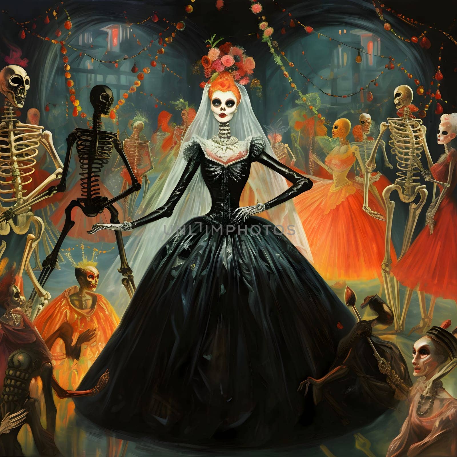 Party of skeletons, corpses, in an elegant long black dress skeleton woman, party of the dead. For the day of the dead and Halloween. Atmosphere of death and solemnity.