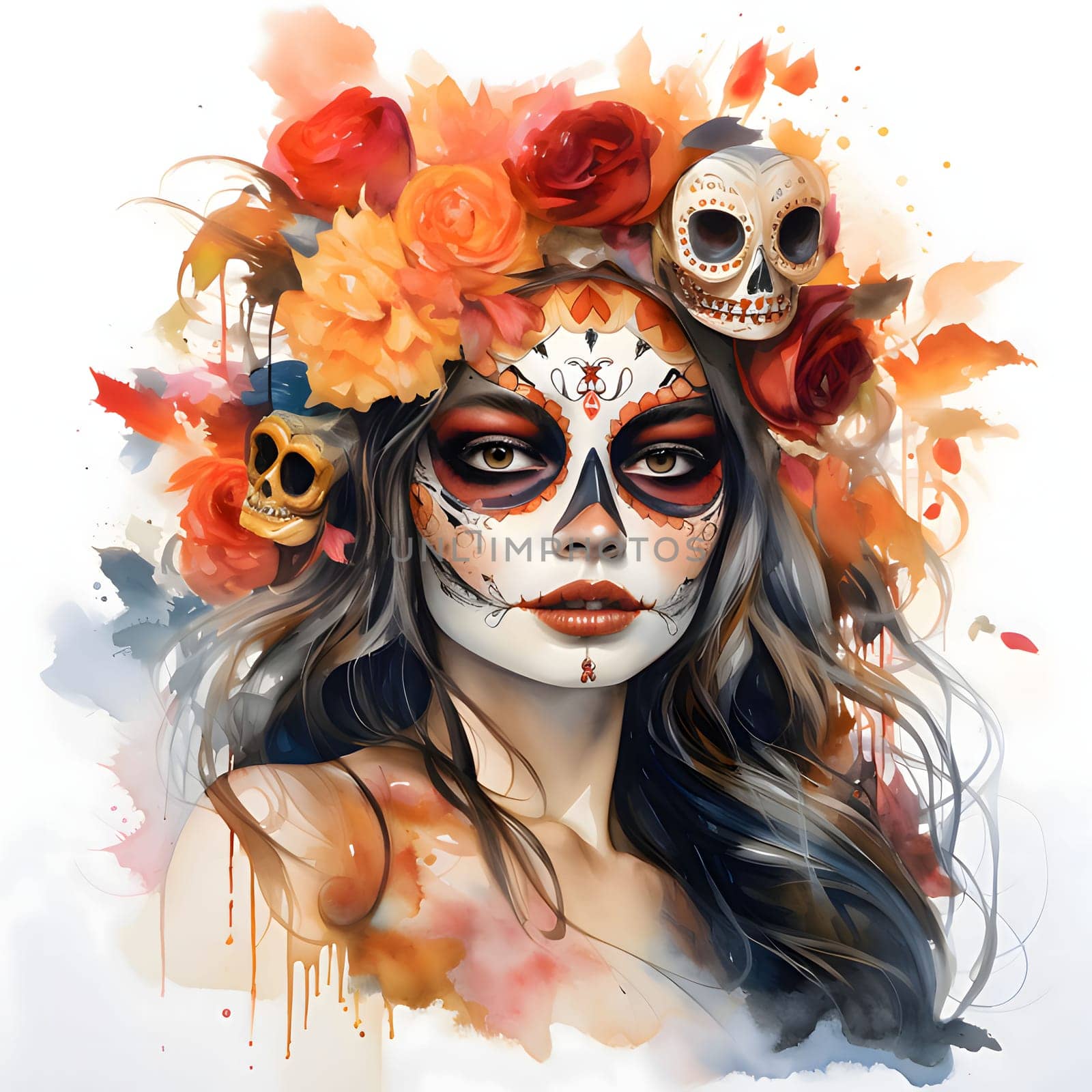 3D human skull with painted ornaments, gold red colors and flowers. For the day of the dead and Halloween. Atmosphere of death and solemnity.