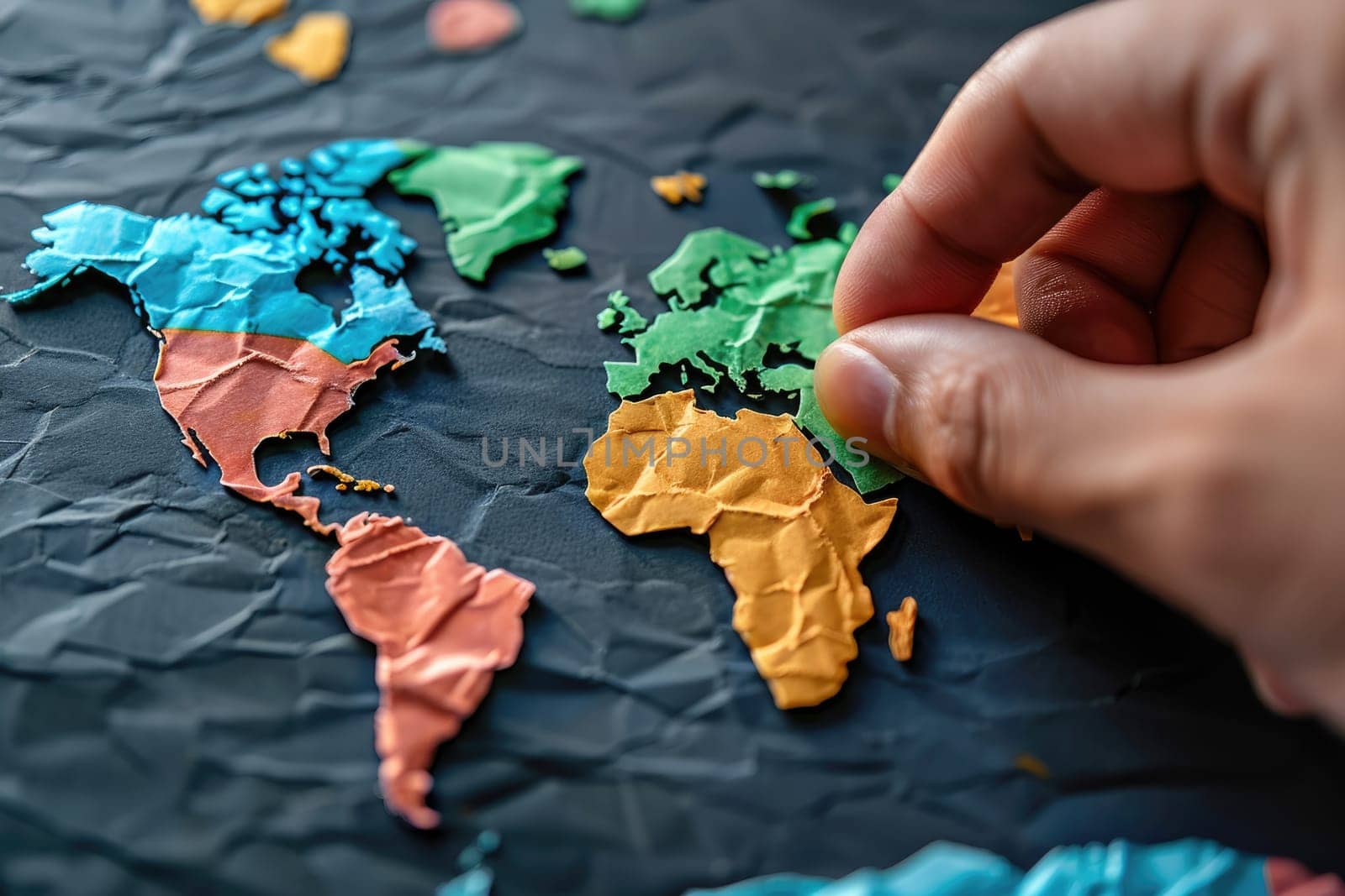 A hand applies a brightly colored band-aid to a paper cut shaped like the Earth