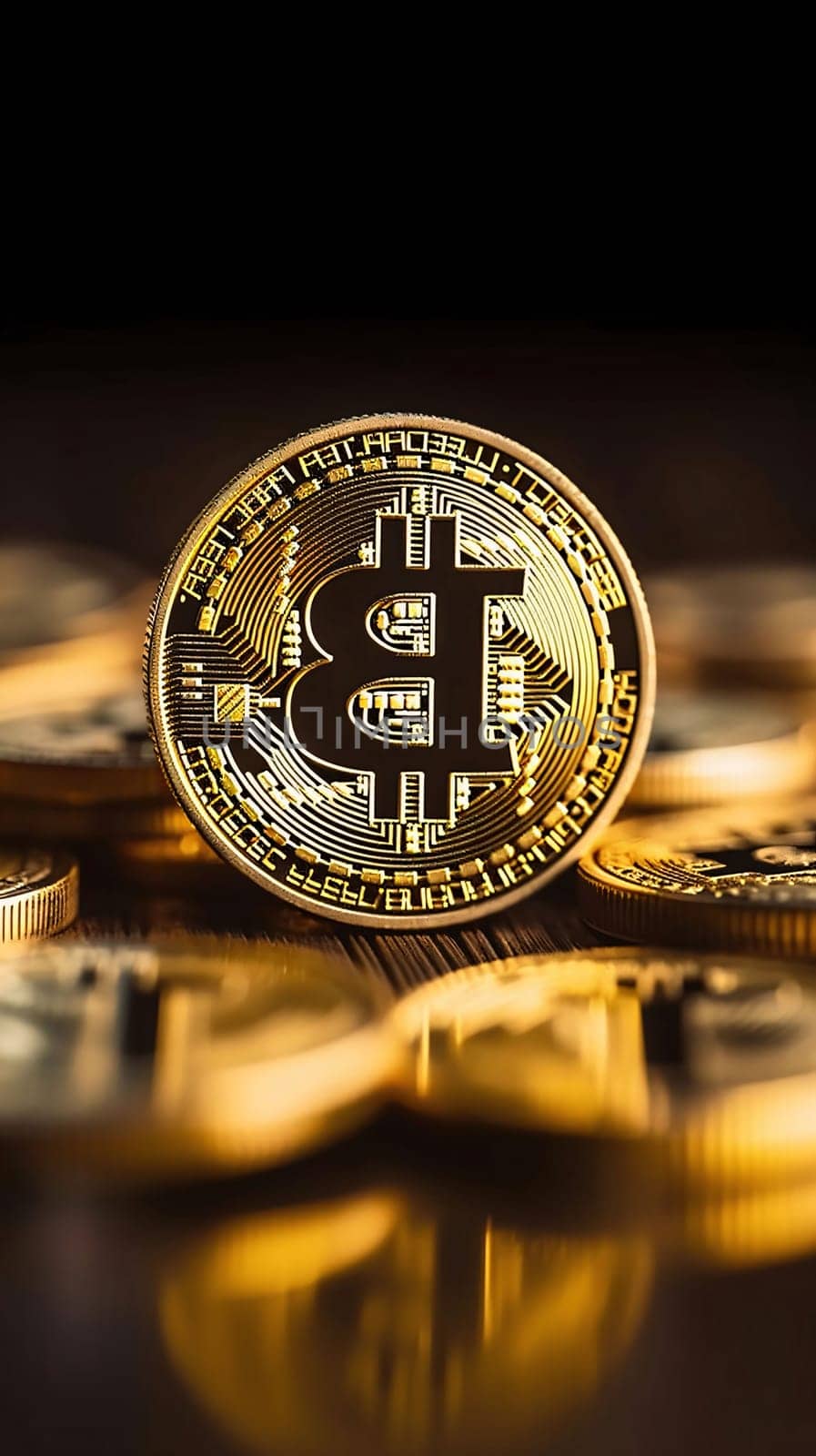 Stock Market: Bitcoin on the background of coins. Bitcoin is a modern way of exchange and this crypto currency is a convenient means of payment in the financial