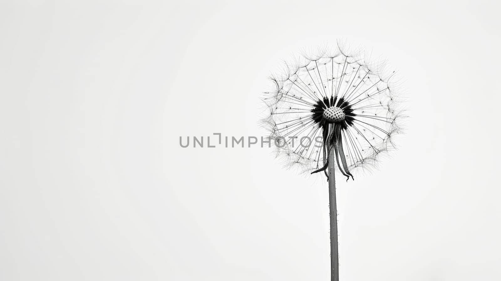 Black and white image of a dandelion seed head.