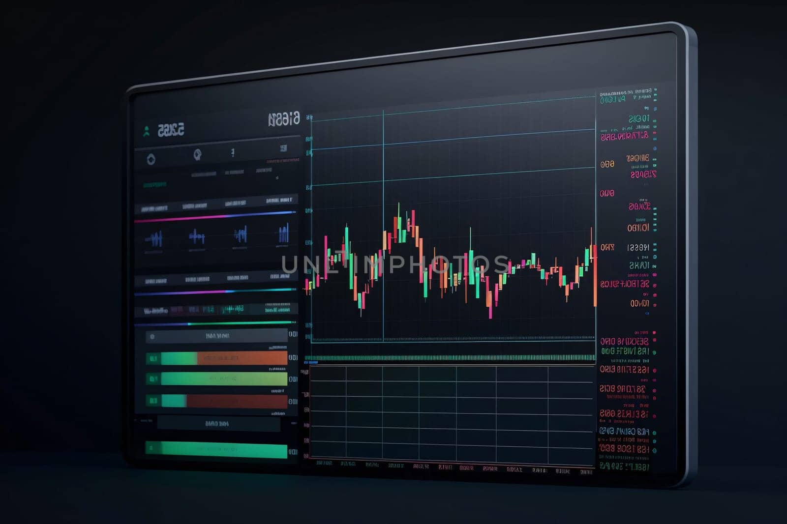 Stock Market: 3d rendering of a computer screen with stock market data on it