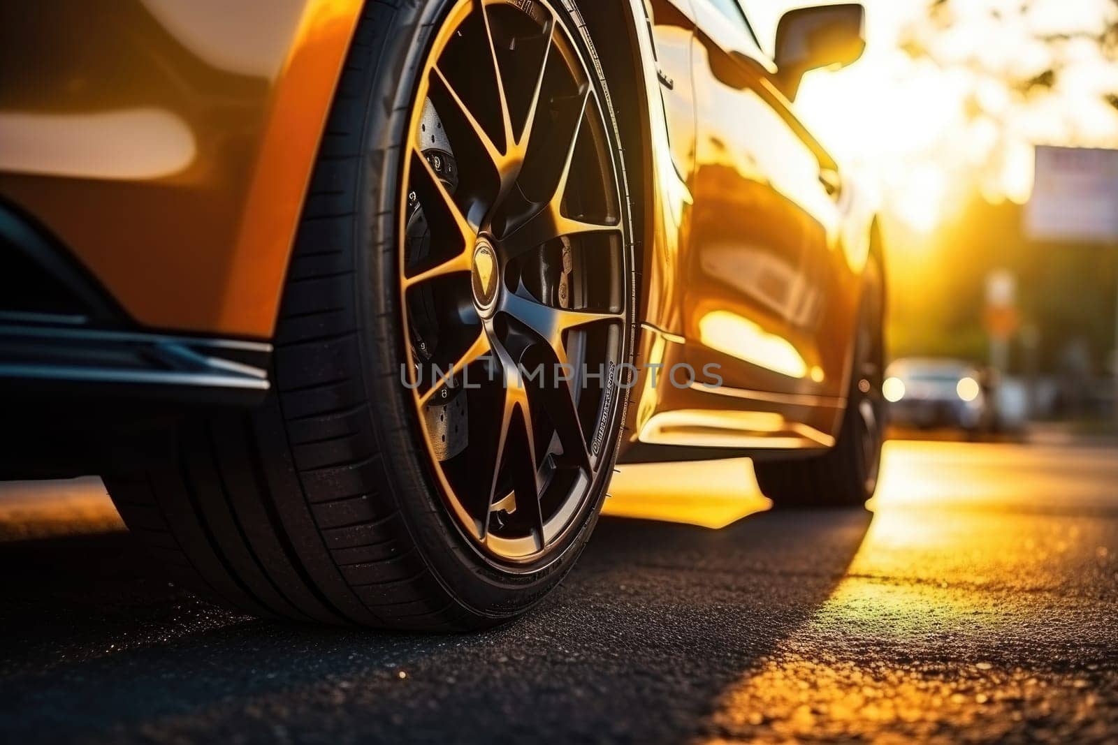 close up sport car photography capturing motion blur, reflections, close up view of a car wheel. by Chawagen
