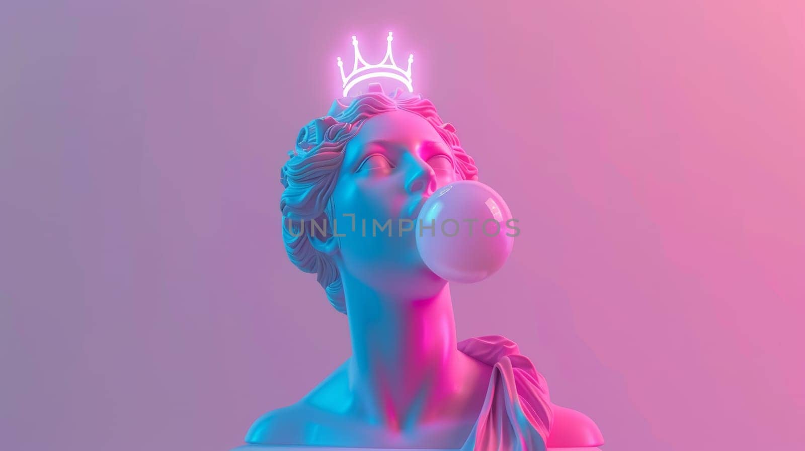 Neon-colored statue of a classical figure with a crown blowing a bubble gum.