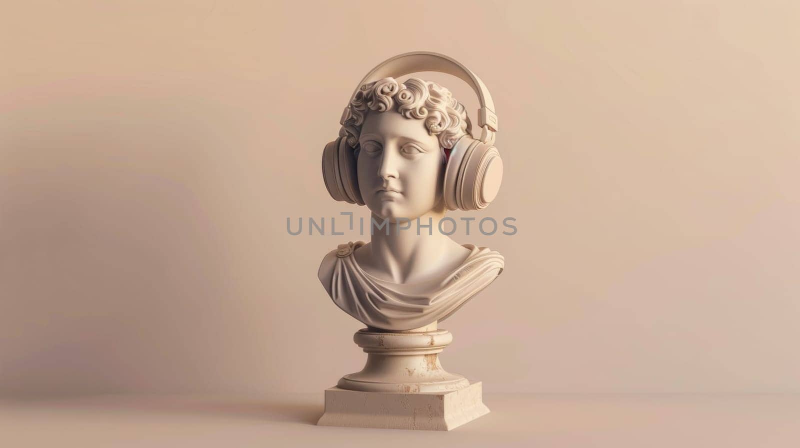 Classical sculpture with modern headphones on pastel background.