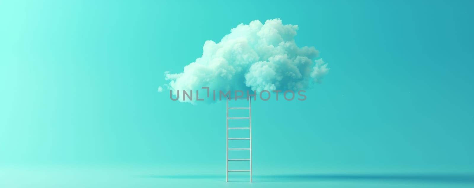 Ladder reaching a fluffy cloud on a blue background.