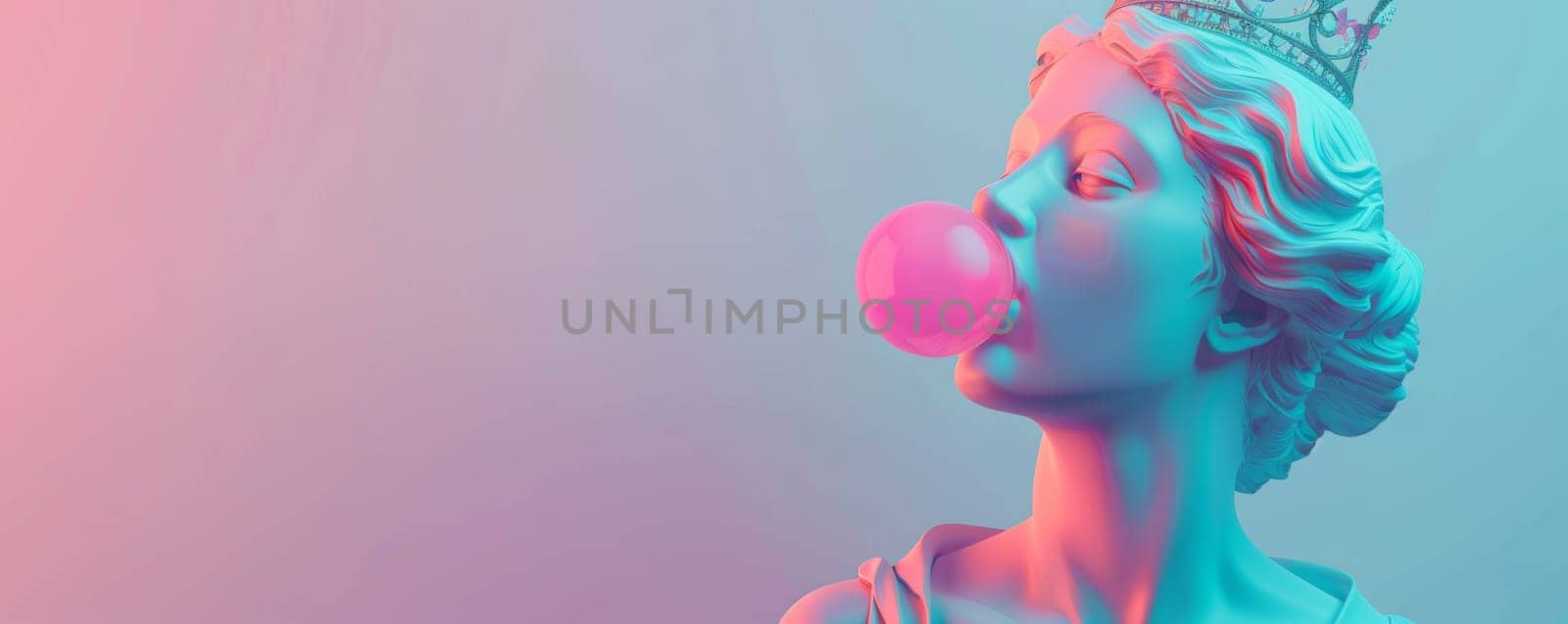 Statue of a classical female figure with a crown blowing a pink bubble gum.