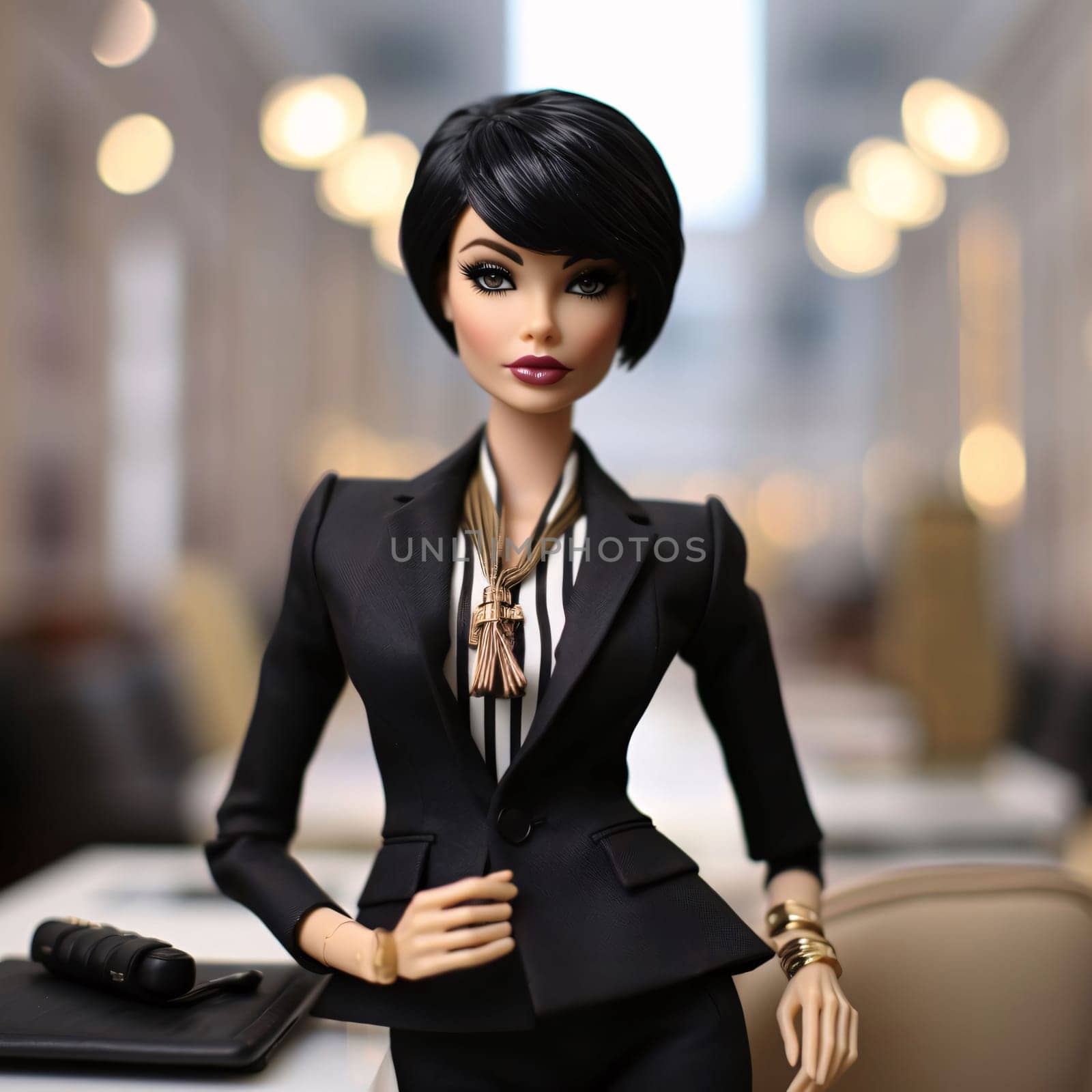 Stock Market: Close-up of a female doll in a business suit in a cafe