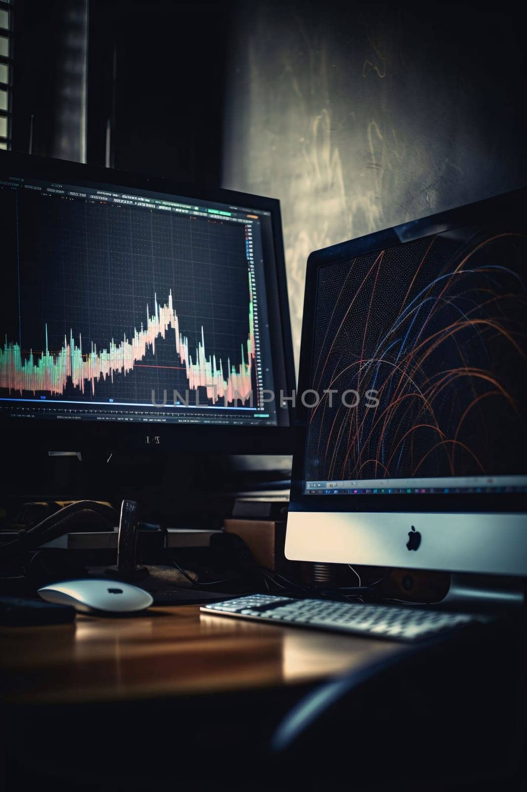 Stock Market: Computer monitors with stock market data on the screen, stock trading concept