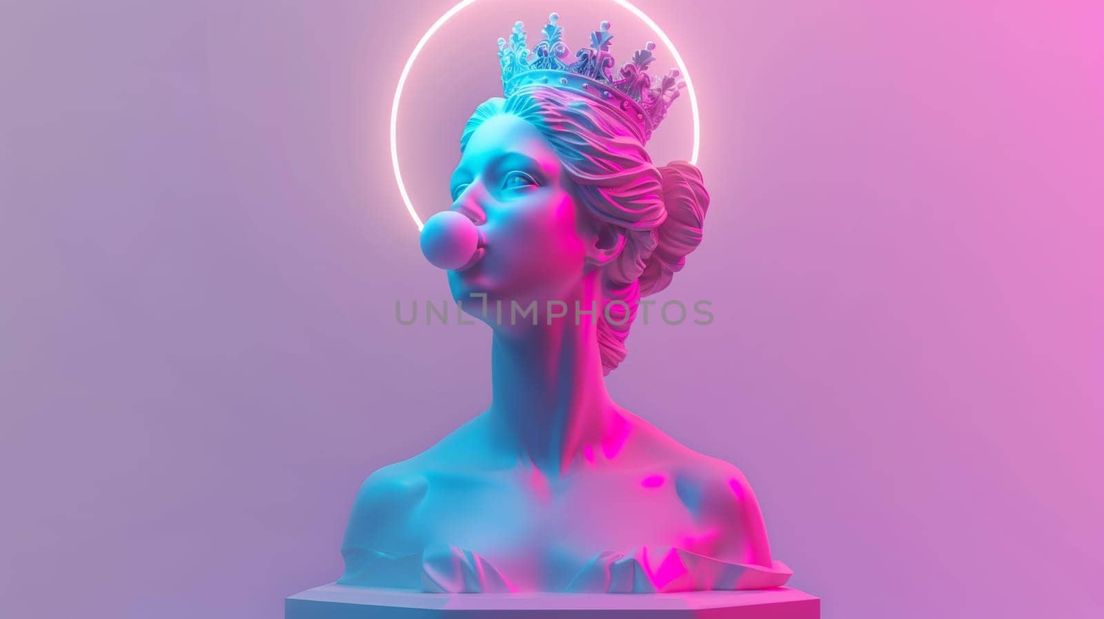 Neon light illuminated bust of a classical statue with a bubble gum and crown.