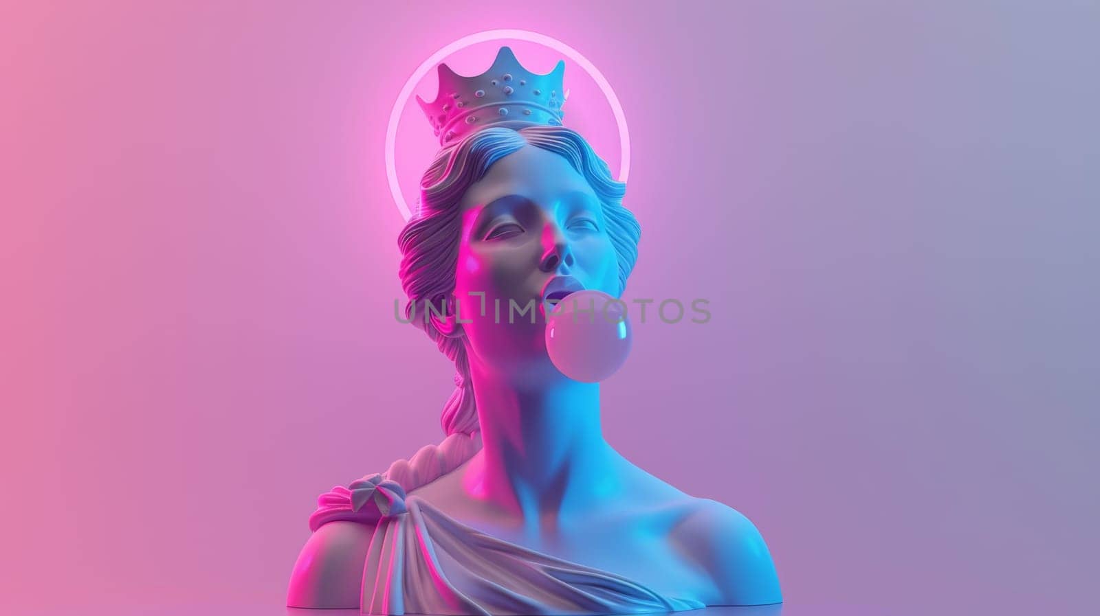 Modern reinterpretation of classical sculpture with neon colors, crown and bubble gum.