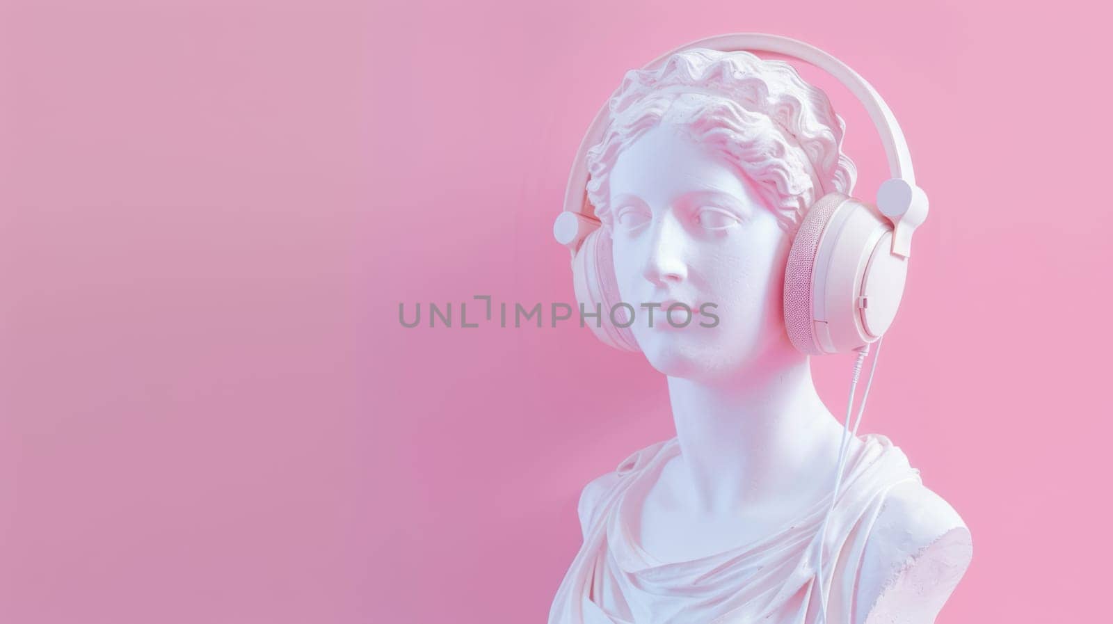 Classical sculpture of Venus wearing modern headphones on a pink background.