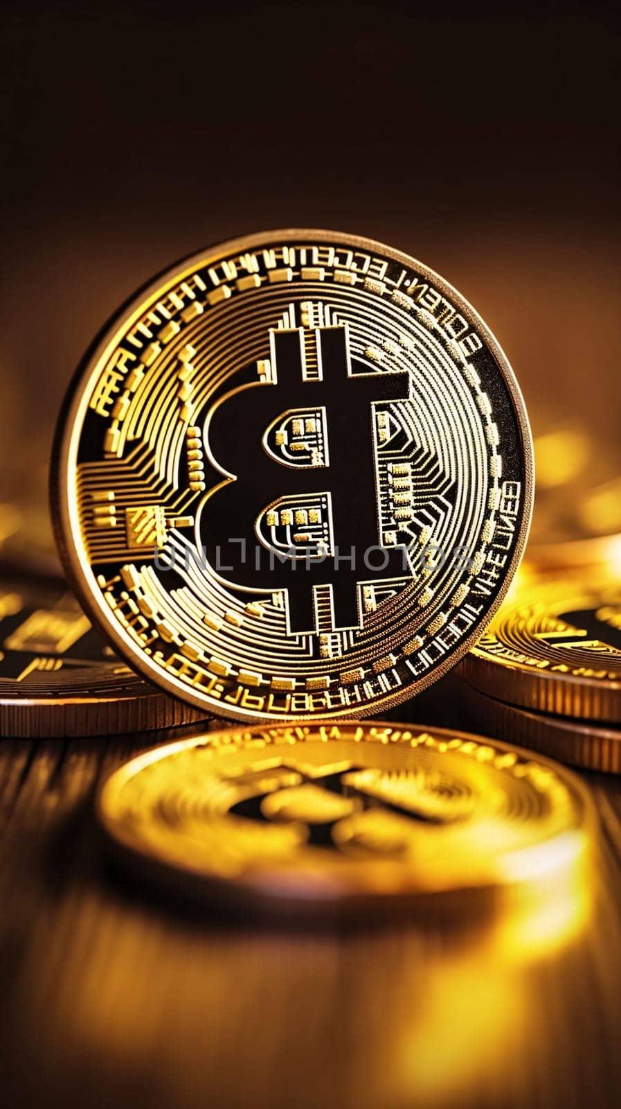 Stock Market: Bitcoin. Cryptocurrency. Golden coins with bitcoin symbol on dark background.