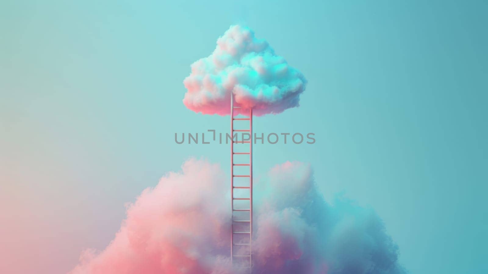 Ladder reaching towards a fluffy pink and blue cloud.