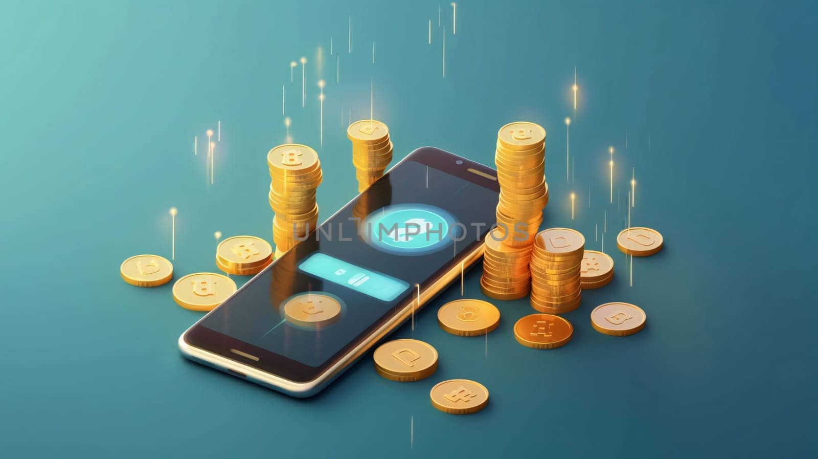 Stock Market: Smartphone and coins on blue background. 3d illustration. Business concept