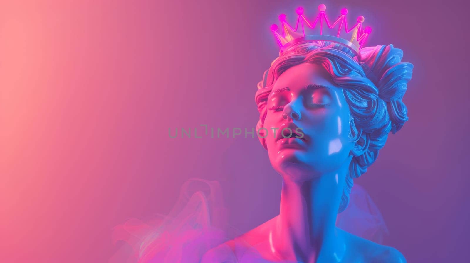Neon colored statue of a woman with a crown.