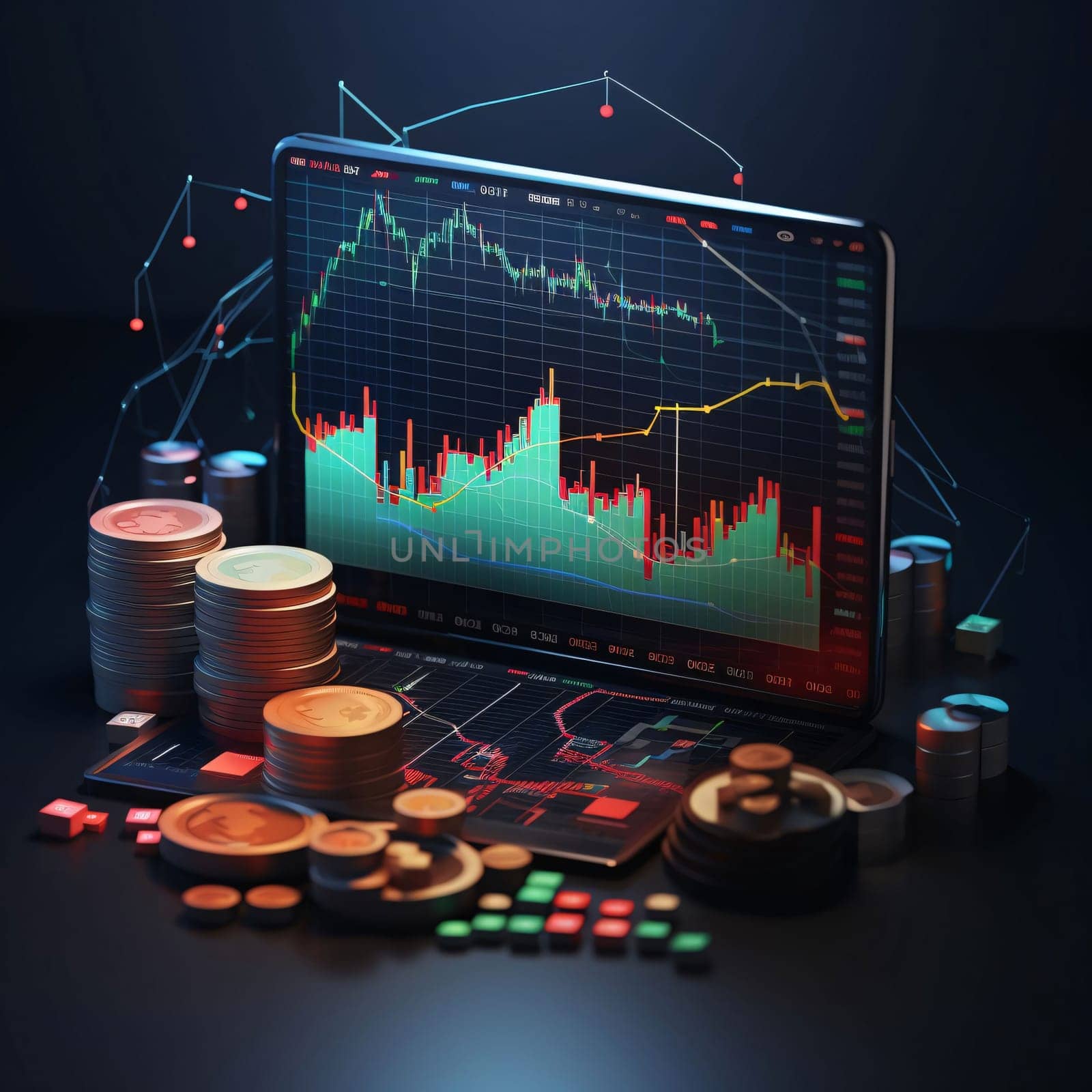 Stock Market: Stock market graph on laptop screen and coins. 3d illustration.