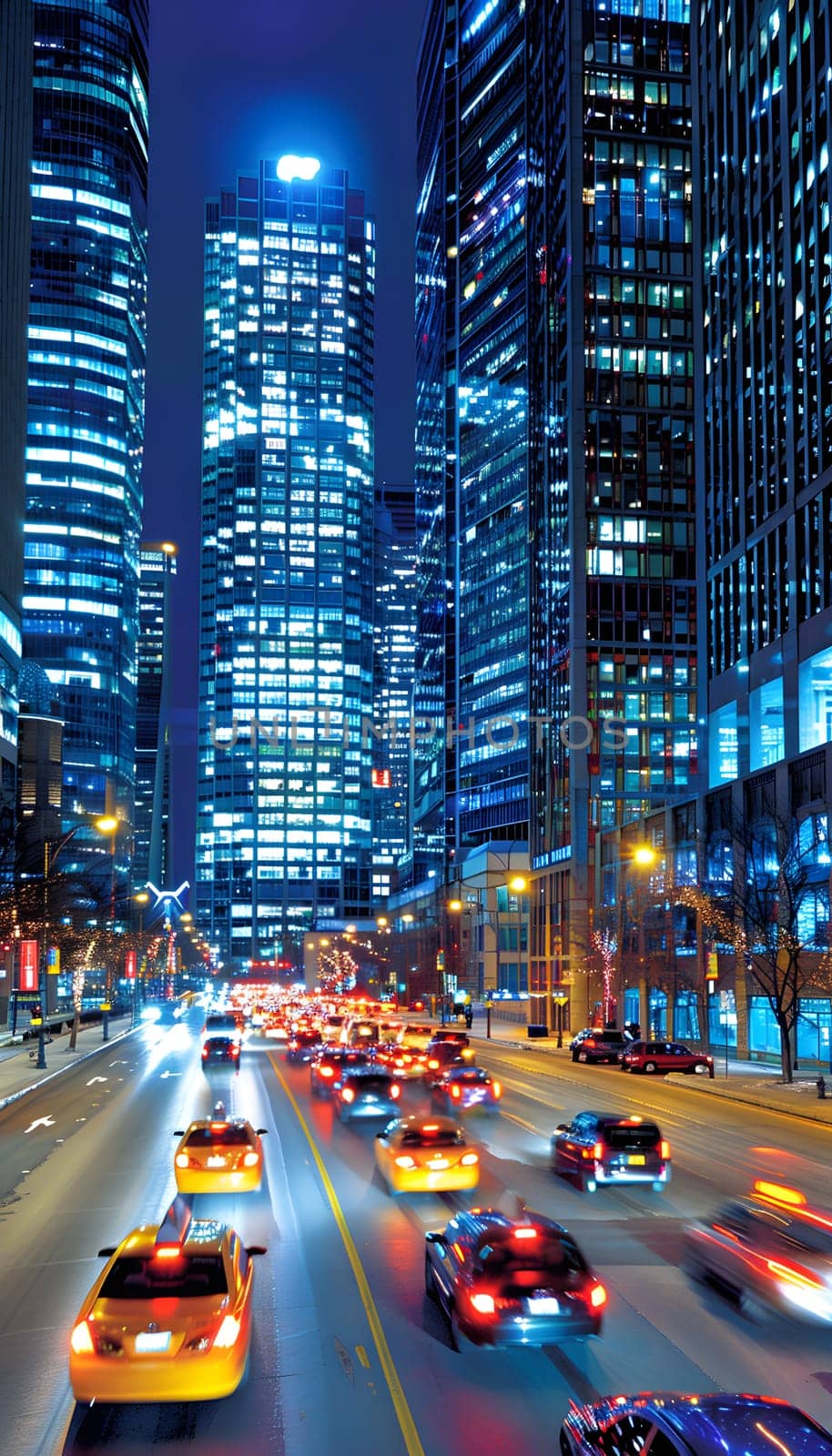A bustling city street at night with taxis and cars driving by towering skyscrapers and illuminated buildings, creating a vibrant cityscape