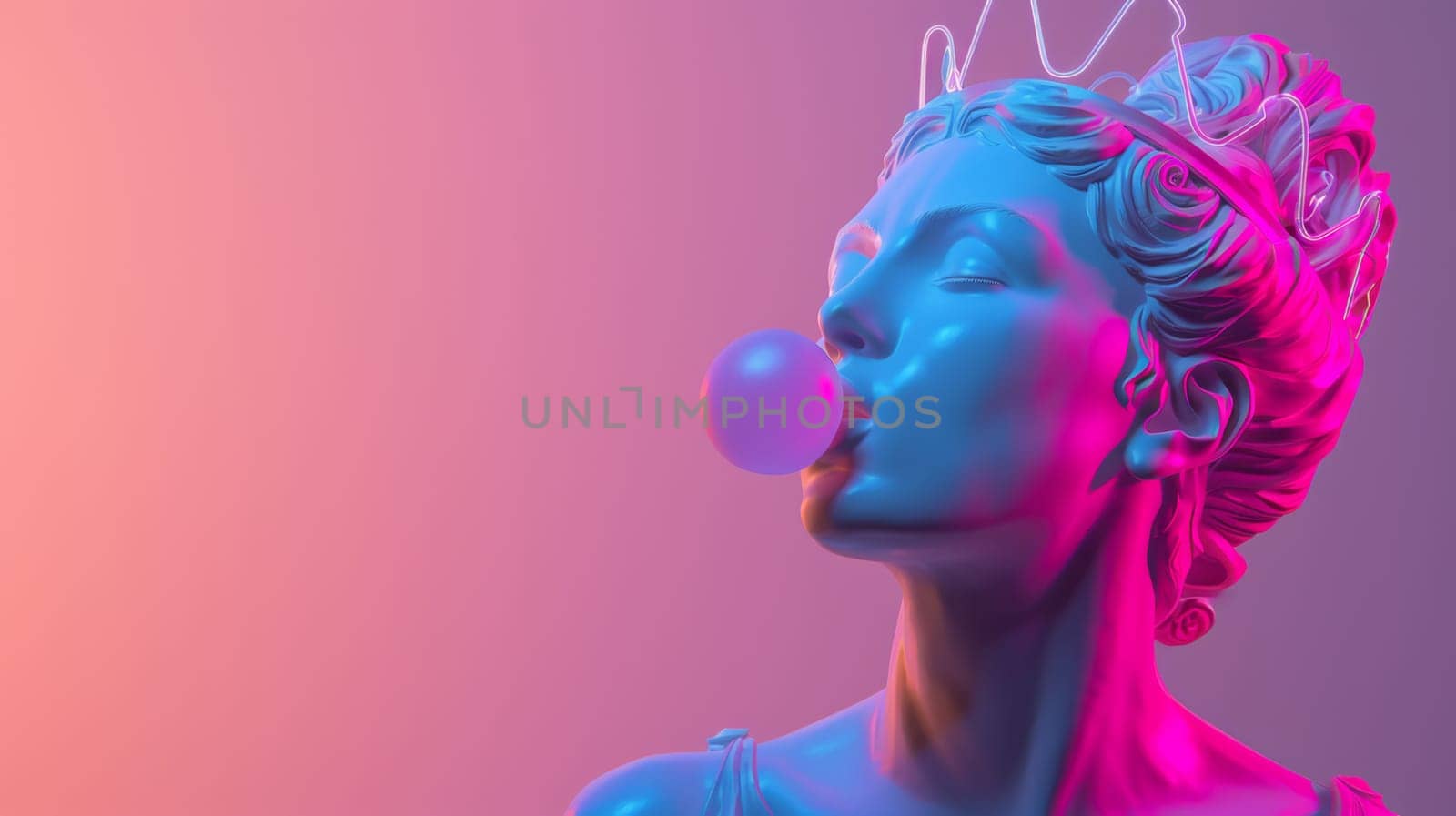 Bust of a woman with a crown with neon lighting blowing a pink bubble gum.
