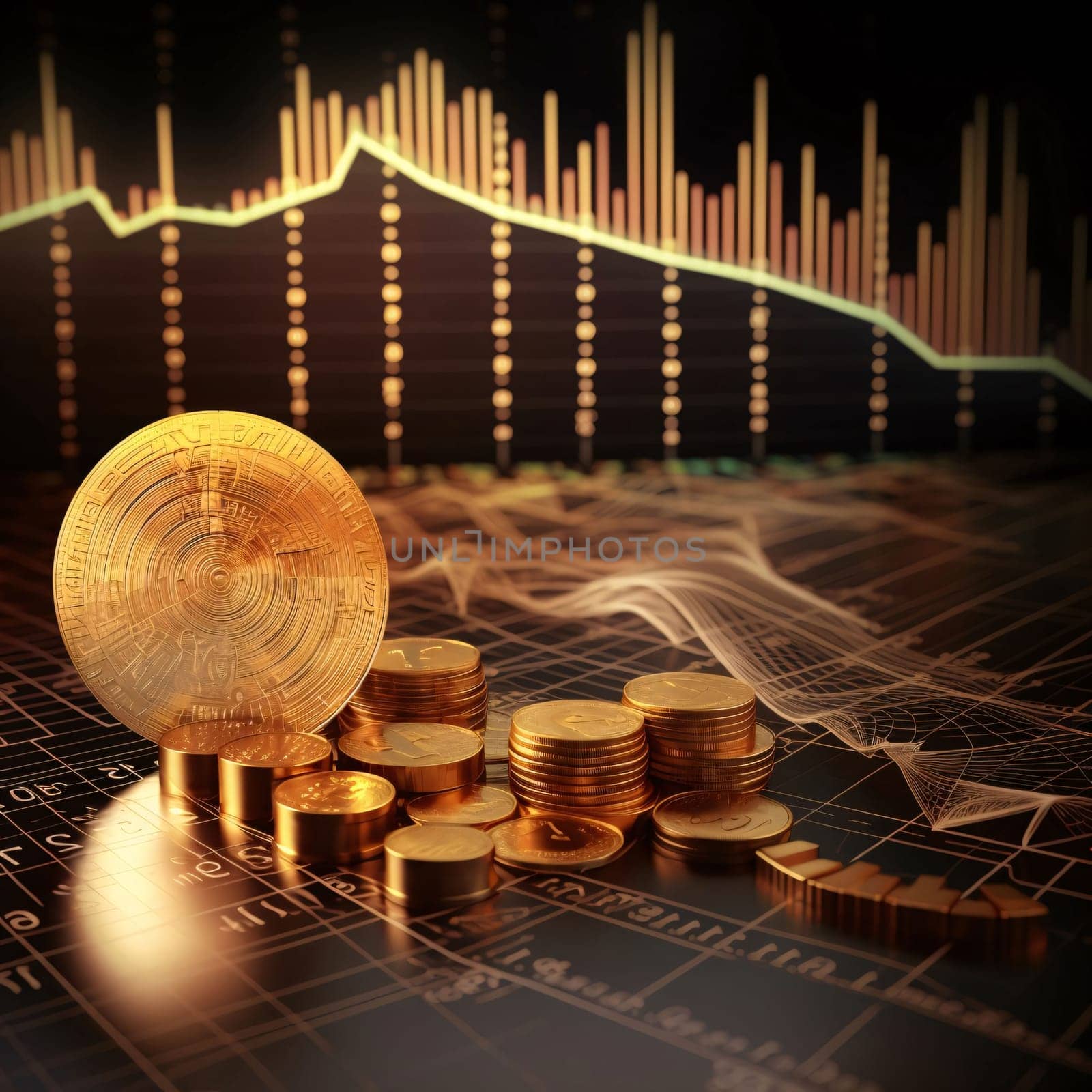 Stock Market: golden coin on the stock market graph background. 3d illustration