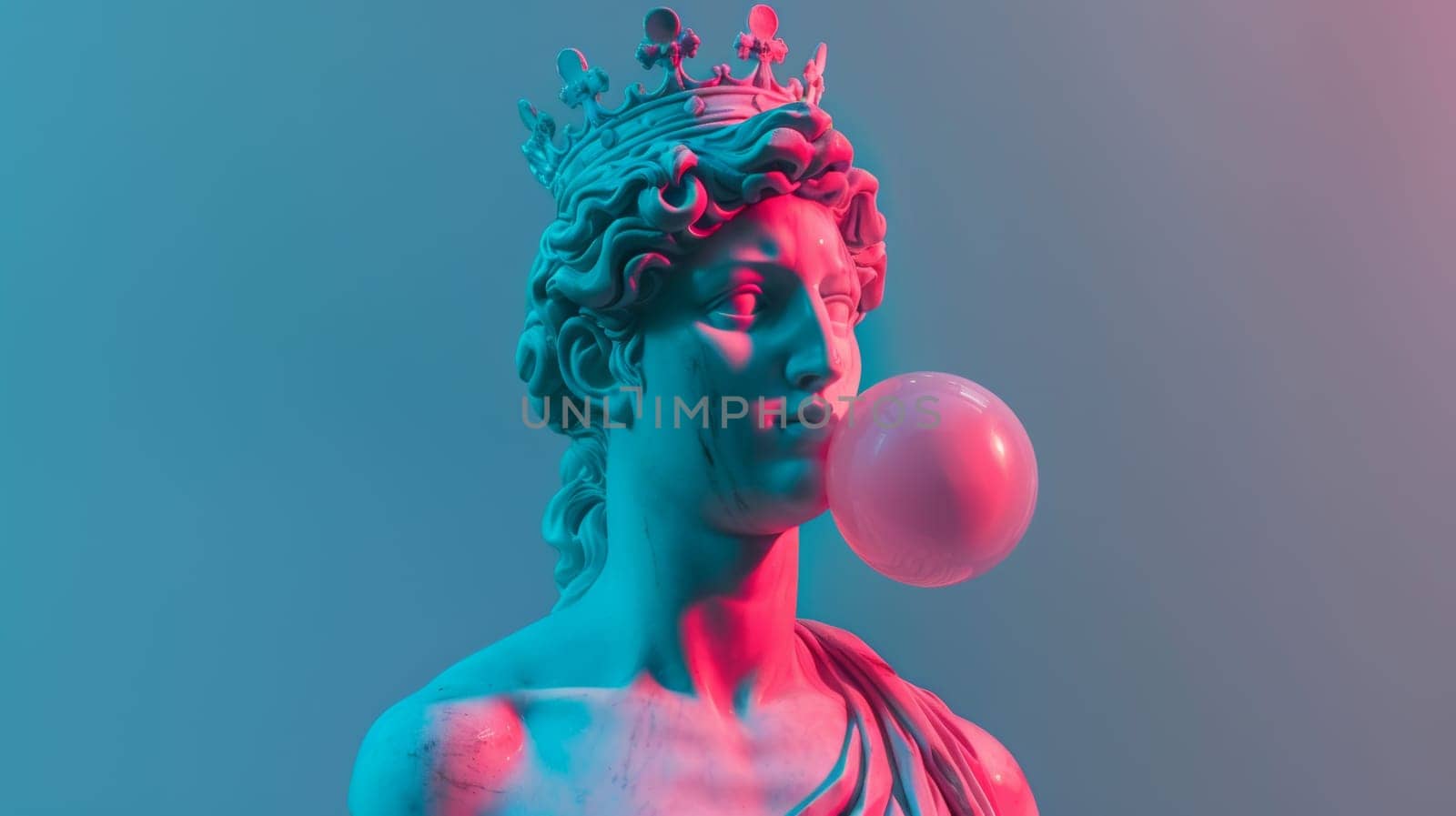 Surreal depiction of a classical statue with a crown blowing a bubble gum.
