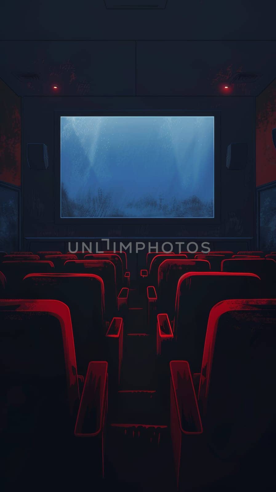 Empty cinema hall with red seats facing a large screen showing an underwater scene.
