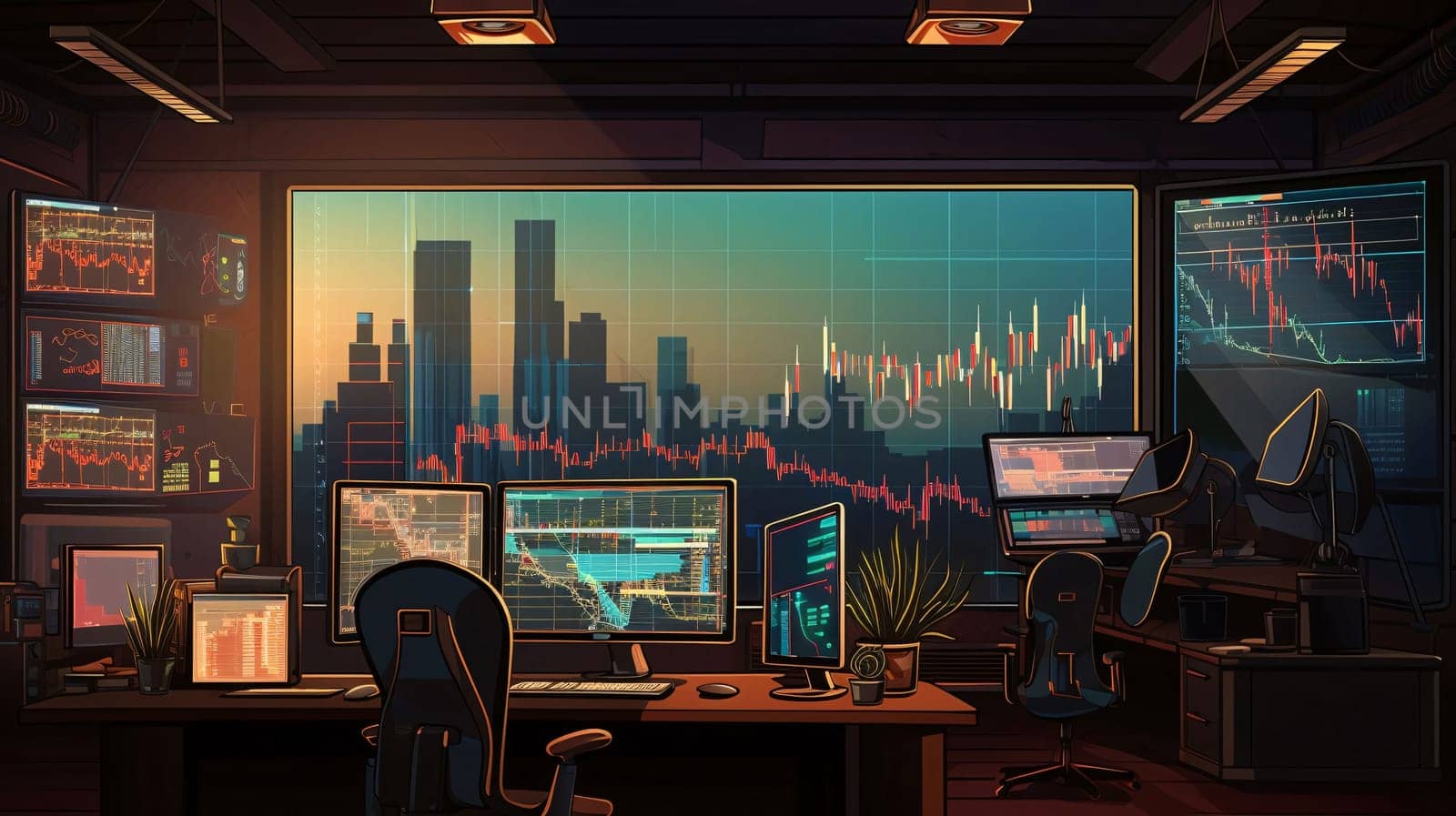 Stock Market: Illustration of a stock exchange trading room with computer monitors and monitors.