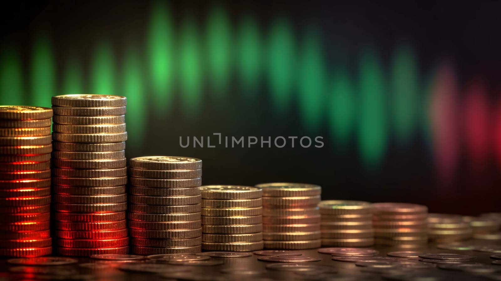 Stock Market: Coins stacked on each other in different positions, with a colorful background.