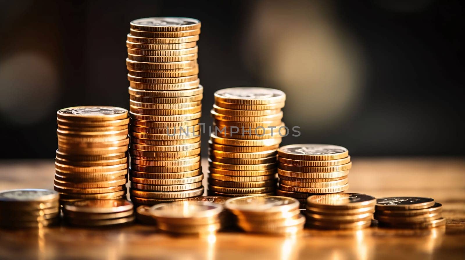 Stock Market: Stack of coins on wooden table with blurred background. Business and finance concept.