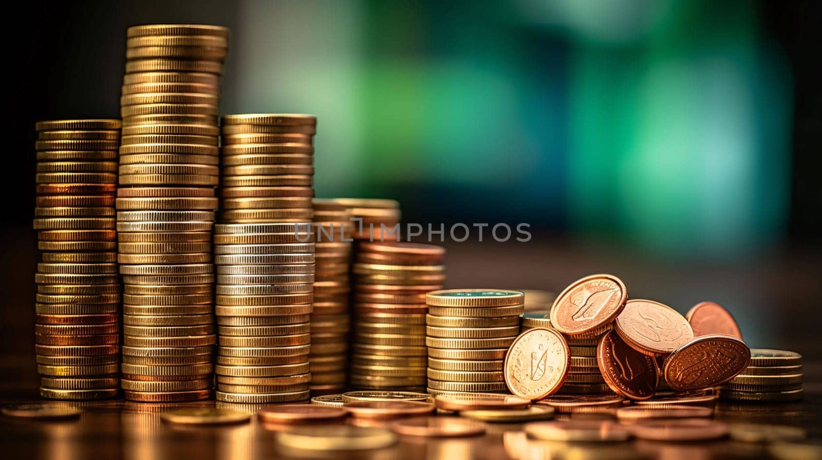 Stock Market: Pile of gold coins with green bokeh background, business concept