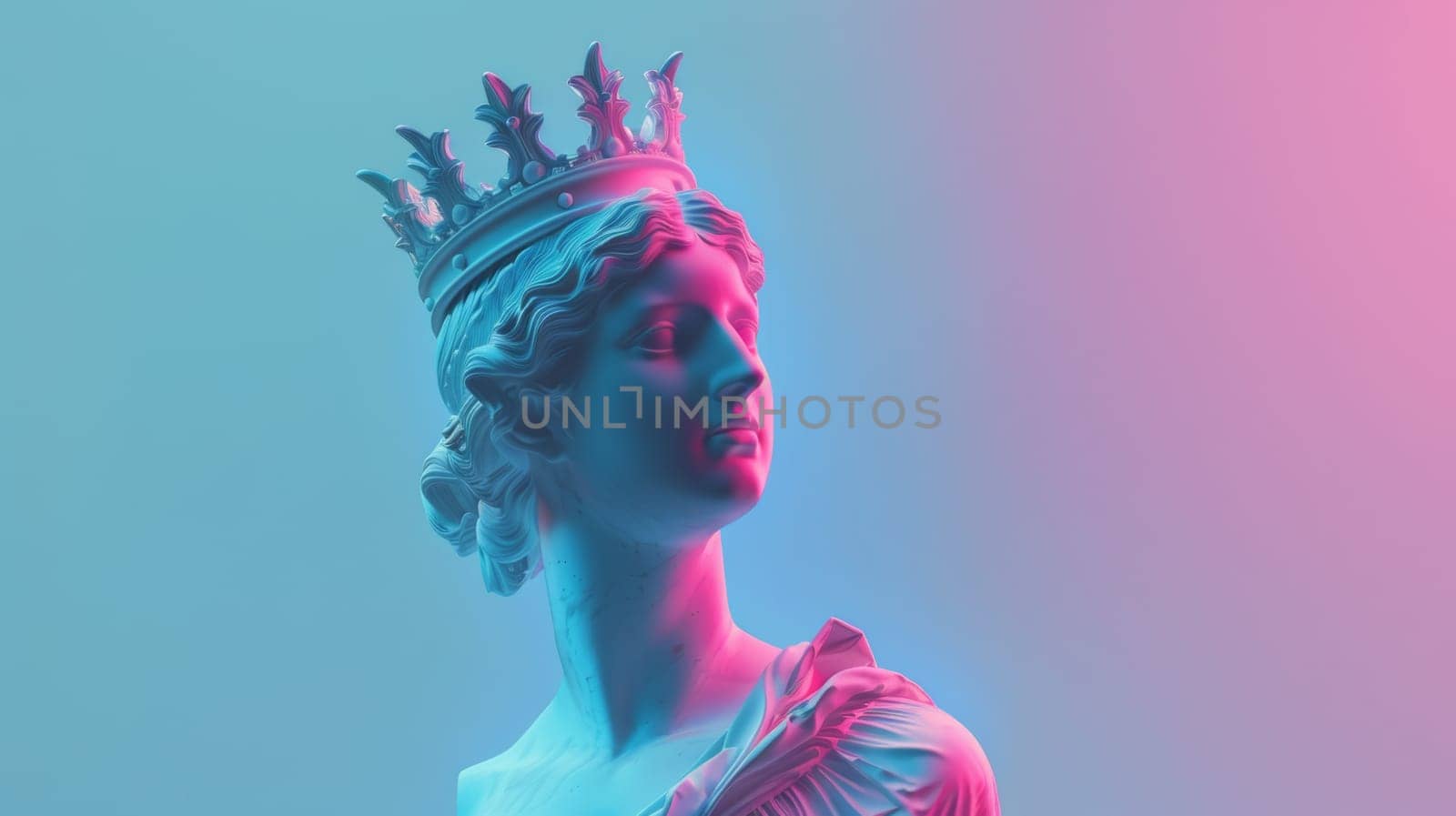 Colorful lighting on classical statue with crown.