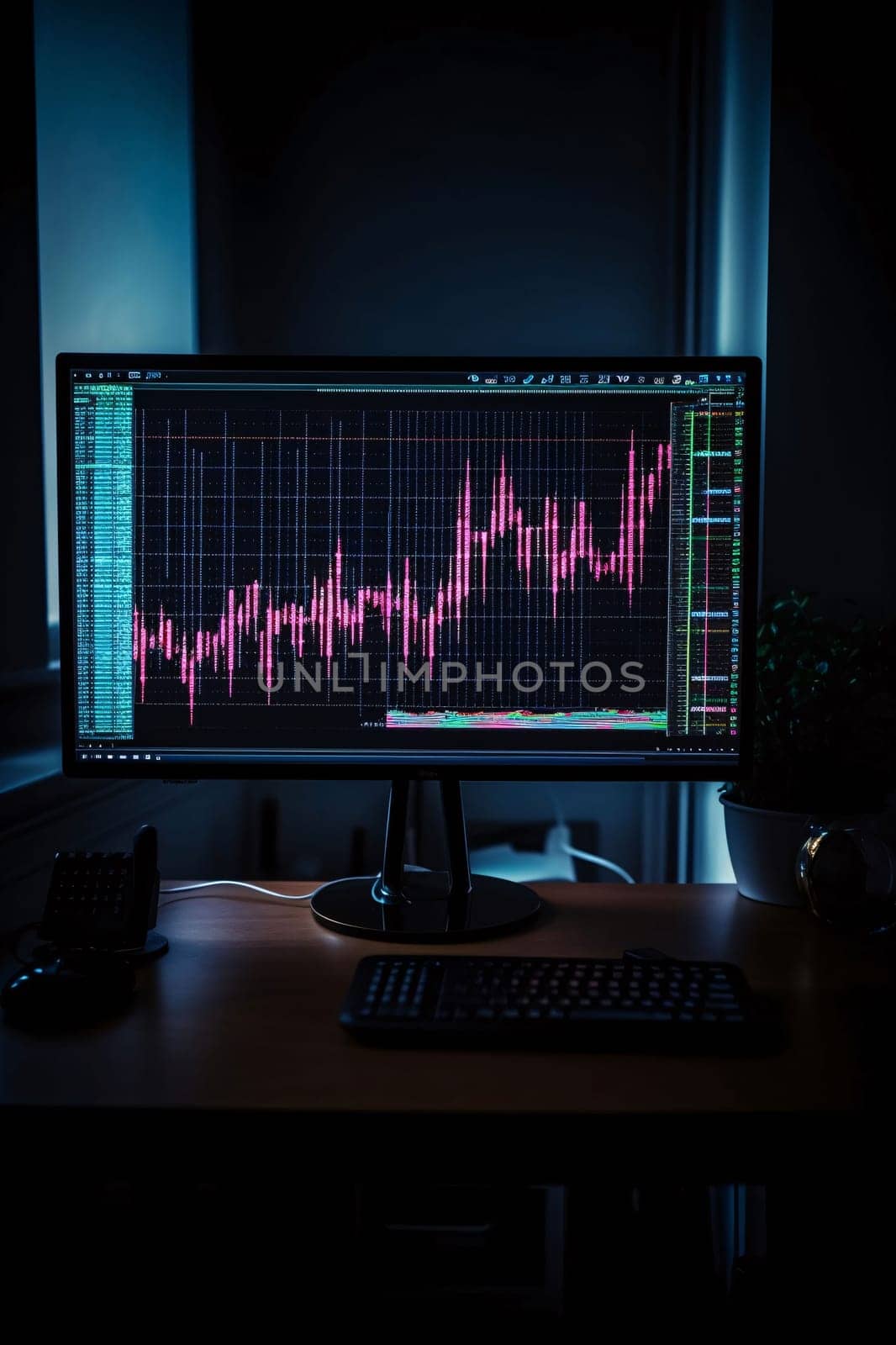 Stock Market: Monitor with stock market chart on computer screen in dark room. Business and finance concept.