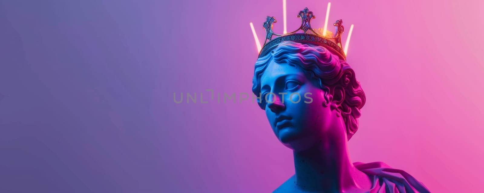 Neon-lit classical bust with a golden crown.