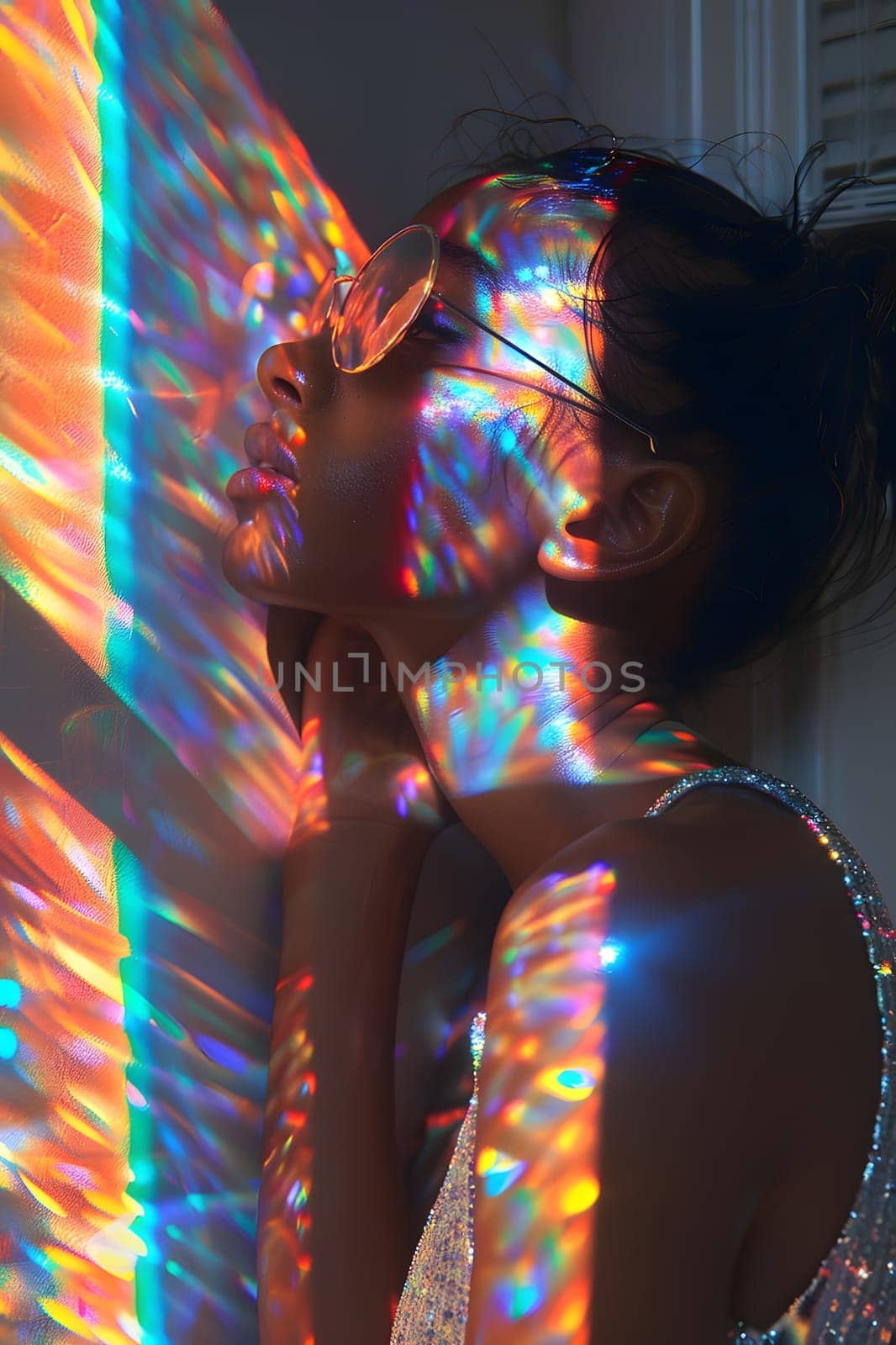 A woman stands by a window with a rainbow reflection on her face, showcasing the beauty of light and glass patterns in a dark room