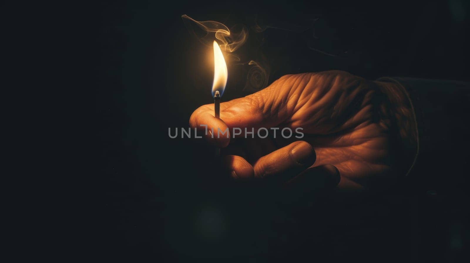 A mans hand holding Lit Match on dark background.