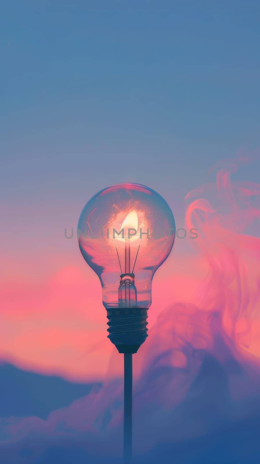 A light bulb is perched on top of a sturdy metal pole. The bulb is shining brightly, illuminating its surroundings. The pole provides support and stability for the bulb.Light Bulb With Flame Inside.